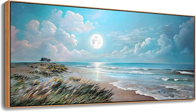 YCPRIMER Extra Large Coastal Wall Art - Blue Beach Canvas Wall Decor Ocean Picture Seascape Painting for Living Room Bedroom Bathroom Decoration Sea View Artwork Prints Pictures Works Easy to Hang Size 70x31inchs