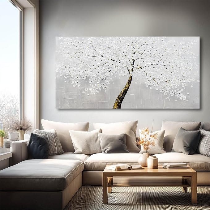 VAYIMDH White Flowers Wall Art Canvas Painting Black with Gold Tree Prints for Bedroom Contemporary Wall Decor for Living Room 24"x 48" Ready to Hang