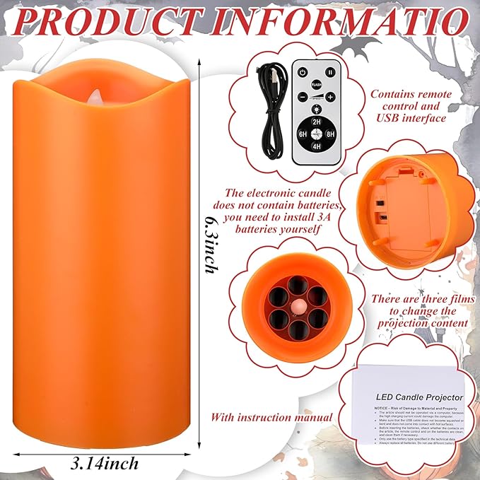 Halloween Projector Candle Ghost Projector Light Halloween Indoor Decoration Spooky Scary LED Flameless Candle Battery Operated Night Light with Remote and Timer Bedroom Home Decor Party Gift