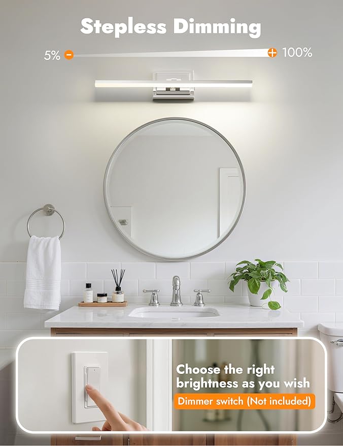 NIORSUN 24 Inch Modern Bathroom Light Fixture, 14W 5CCT Dimmable LED Chrome Bathroom Vanity Lights Over Mirror, Vanity Lights for Bathrooms Restroom Mirror- ETL Certified