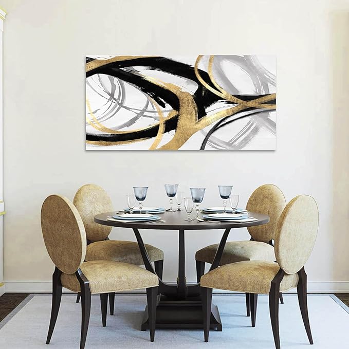 Abstract Canvas Prints Black And White Wall Art Pictures for Wall Decoration Gold Posters Graffiti Artwork Decor for Bedroom Dinning Room Home Office Kitchen 24x48 In