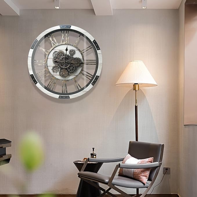27" Large Real Moving Gears Wall Clock with Toughened Glass Cover Solid Wood Retro Metal Skeleton Oversized Vintage Steampunk Rustic Clock for Living Room Decor Home Farmhouse Kitchen(Desert Beige)