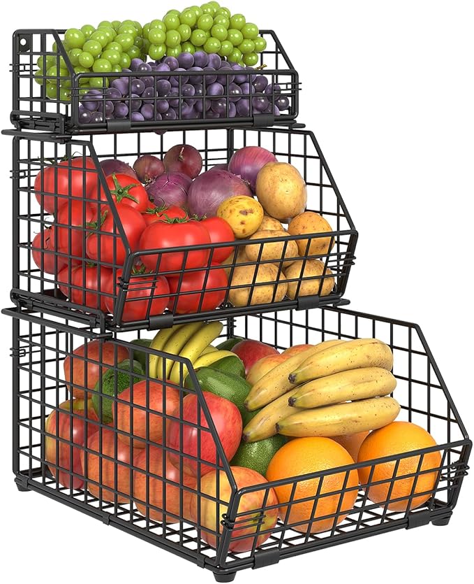 3-Tier Fruit Basket for Kitchen Counter, Stackable Wire Baskets Wall, Potato and Onion Storage Bins, Pantry Organizers and Storage for Potato, Onion, Produce, Fruit, Vegetable, Snack