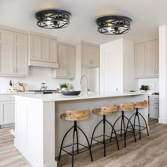 13 inch Black Flush Mount Ceiling Light Fixtures,3-Light Industrial Farmhouse Ceiling Light Fixture，Black Light Fixture Ceiling Mount for Kitchen Bedroom Living Room Hallway 2 Pack