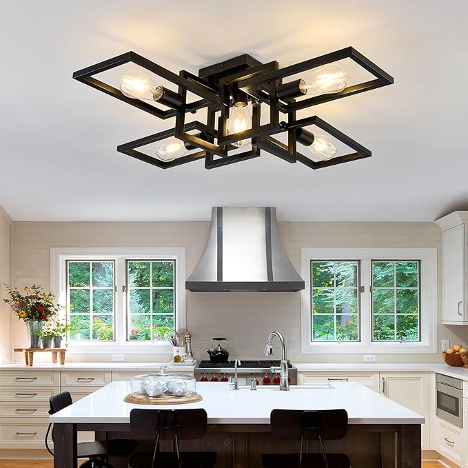 ZGLAOJT Black Industrial Flush Mount Ceiling Light 5-Light Kitchen Light Fixtures Modern Large Matte Sputnik Chandelier for Dining Room Bedroom Farmhouse Living Room