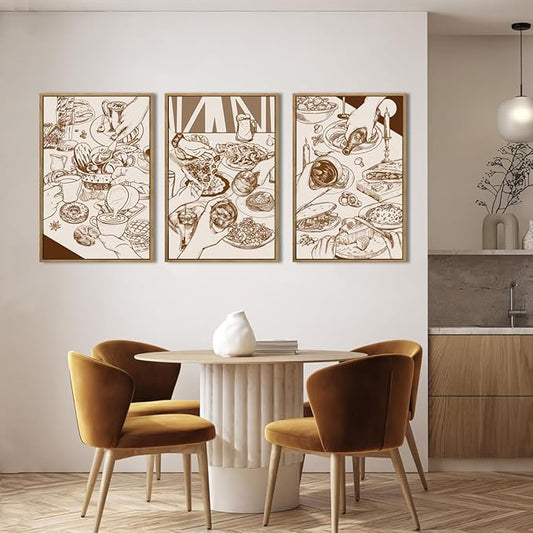 ANHUIB Framed Canvas Wall Art 16x24 Inch Large Modern Cheers Wall Decor Vintage Food Wall Art Sketch Pizza Paintings Gathering Decor Set of 3 for Kitchen Dining Room