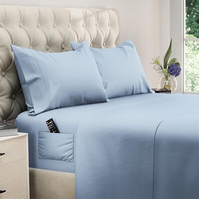 DREAMCARE Twin XL Sheet Set - Cooling Bed Sheets - 4pcs Set - up to 15" Deep Pocket - Soft & Long Lasting 100% Fine Brushed Polyester with Side Pocket - Light Blue