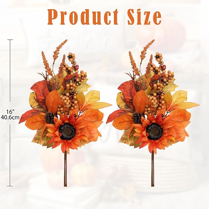 Briful Set of 2 16in Fall Orange Sunflower Picks and Sprays with Pinecones Berries Eucalyptus Leaves Artificial Fall Floral Branches Stems for Autumn Home Wedding Party Vase Centerpieces Decor