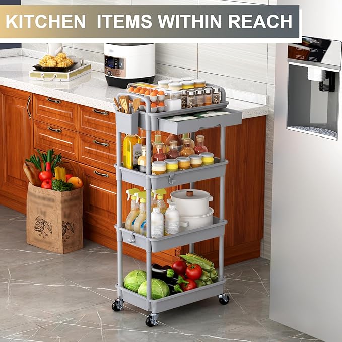 Goovilla 4 Tier Rolling Utility Cart Organizer with Removable Drawer, Stable and Sturdy Grey Rolling Storage Carts with 2 Lockable Wheels for Bathroom, Kitchen, Snack, Craft, Makeup, Baby Essentials
