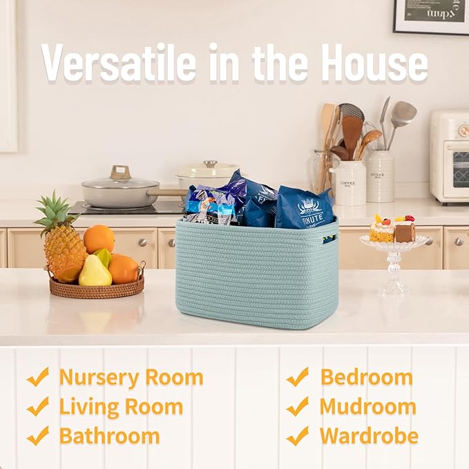 4 Pack Storage Baskets for Organizing Toys, Towels, and Clothes, Woven Basket for Shelves, Sturdy Nursery Cube Bins for Storage, 13''L x9''W x7.8''H, Frosty Green