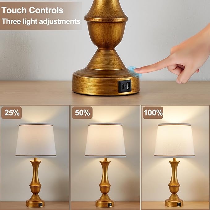 Luvkczc Gold Touch Table Lamps Set of 2, 22" Bedside Lamps with USB C+A Ports, 3 Way Dimmable Nightstand Lamps with White Lampshade,Table Lamps for Bedroom Living Room Bedroom Office, Bulbs Included