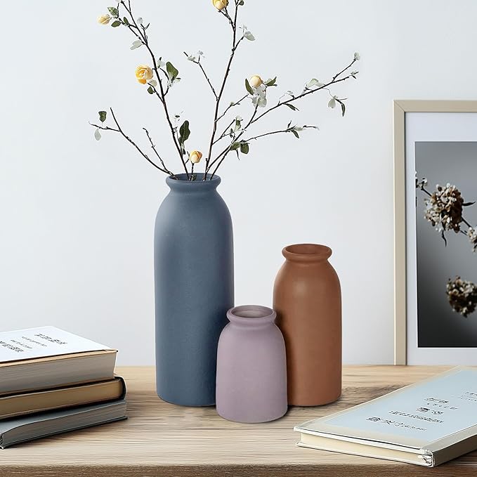 Ceramic Vase Set of 3, Farmhouse Rustic Decorative Vase for Home Decor, Modern Glazed Vase, Table Centerpiece for Living Room, Shelf, Bedroom, Kitchen (Black Purple)