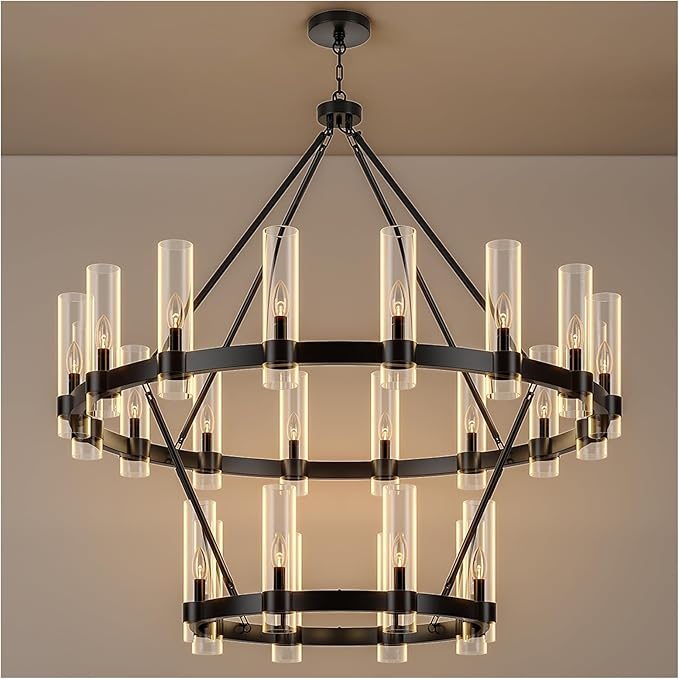 48 Inch Black Wagon Wheel Chandelier 2 Tier with Glass Shade, 24 Lights, Modern Farmhouse Style, Ideal for Dining Room, Kitchen, Entryways