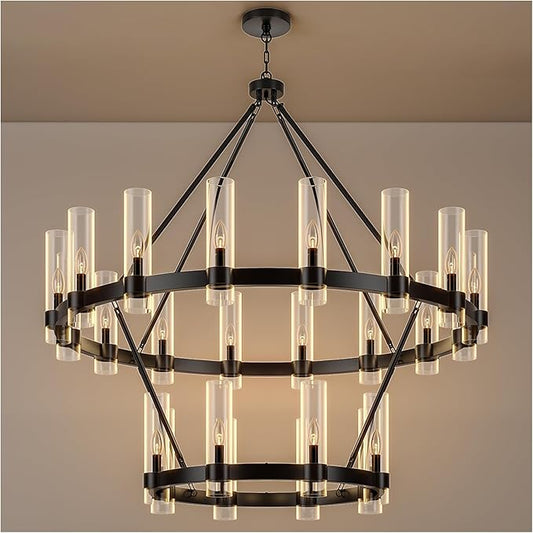 48 Inch Black Wagon Wheel Chandelier 2 Tier with Glass Shade, 24 Lights, Modern Farmhouse Style, Ideal for Dining Room, Kitchen, Entryways