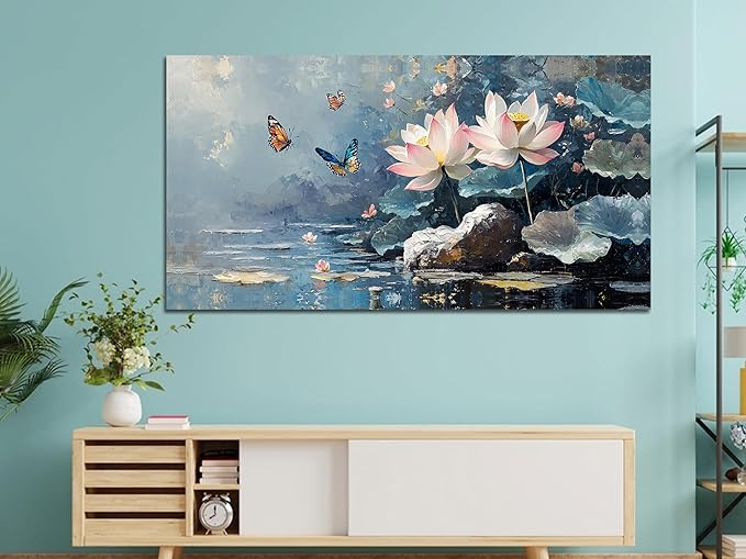 Ardemy Lotus Wall Art for Living Room Butterfly Canvas Art Wall Decor Textured Pictures Artwork Bedroom Kitchen Dining Home Office, Large 40"x20"
