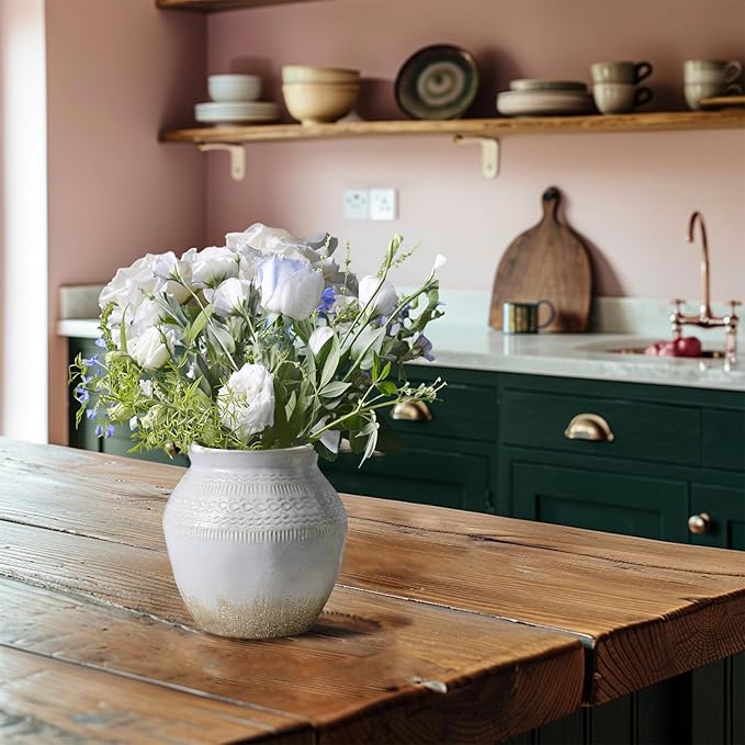 Quoowiit Ceramic Rustic Farmhouse Vase, White Distressed Flower Vase for Home Decor, Boho Decorative Vases for Centerpiece Table Decorations, Vases for Living Room Kitchen Entryway Mantle Shelf Decor