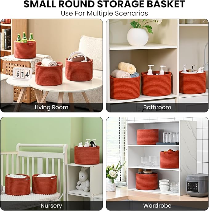 Small Storage Baskets for Organizing, Organizer Bins for Shelves, Small Woven Baskets for Storage, Red Baskets for Gifts, Organization Bins, Baskets for Decor, 9.7"×9.7"×7" (3 Packs) Brick Red