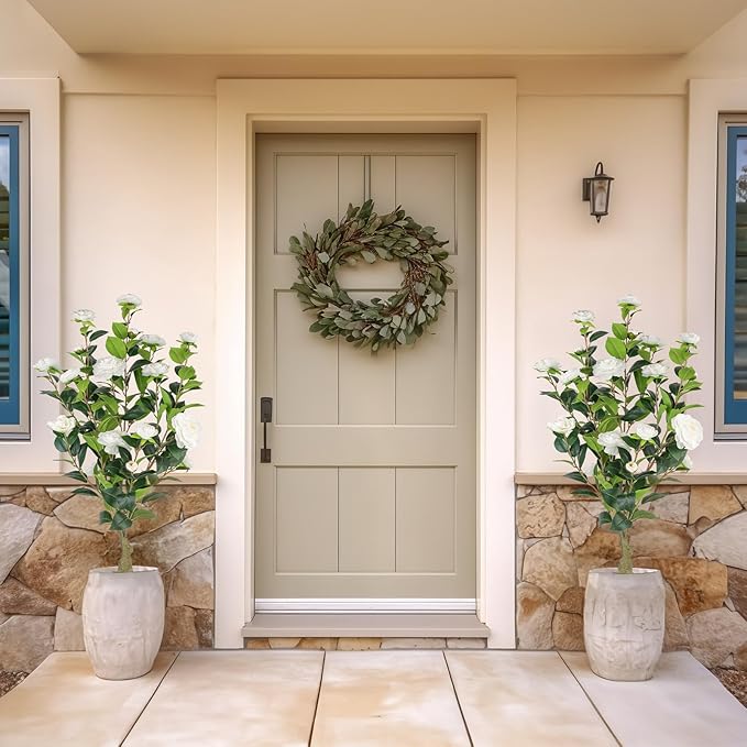 Artificial Camellia Tree 2 Pack, 3FT Faux Camellia Plant in Pot, 36 inch Fake Potted Camellia Flower Tree Plastic Camellia Tree for Modern Home Office Living Room Floor Decor Indoor, White