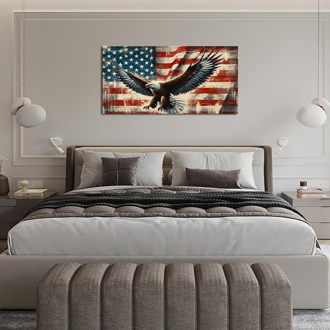 Large Bald Eagle Wall Art American Flag and Eagle Pictures Wall Decor Patriotic Motivational Bedroom Sign Canvas Painting Prints Modern Home Decoration Artworks Framed for Living Room Office 60"x30"
