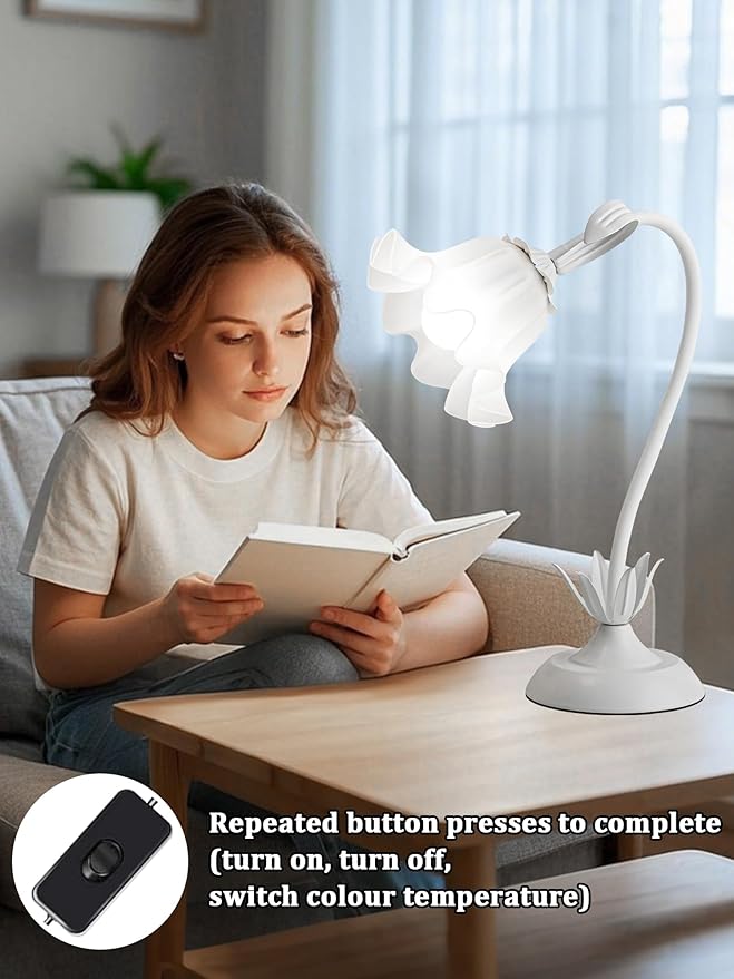 Flower Table Lamp,Bedside Table Lamp for Bedroom LED Reading Light 3 Color Modes,Vintage Flower Lamp Kawaii Table Lamps Desk Living Room Home Decor Mothers Day Birthday Gifts for Mom Women(White lamp)