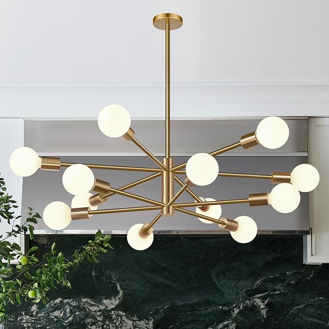 Sputnik Chandeliers Dining Room Light Fixture (12-Light, 33-Inch), Modern Brass Chandelier, Height Adjustable Mid Century Modern Chandeliers for Dining Room Kitchen Bedroom (Bulbs not Included)
