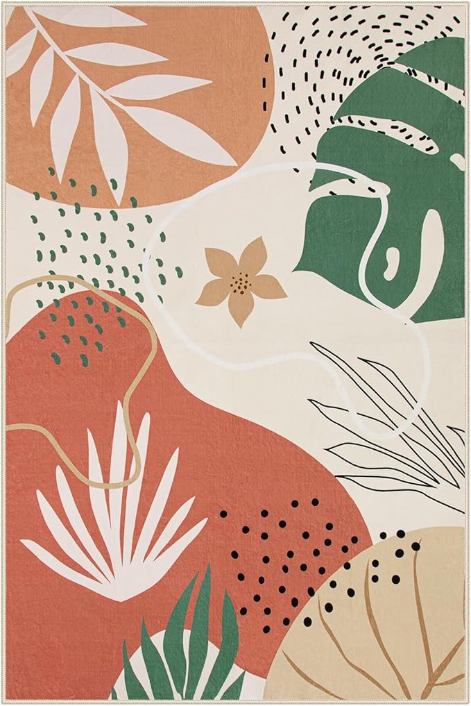 Lahome 4x6 Area Rugs, Washable Rug 4x6 for Living Room Soft Carpet for Bedroom Nursery Kids Room, Botanical Print Non-Slip Low Pile Carpet for Entryway Office Playroom Kitchen, Coral