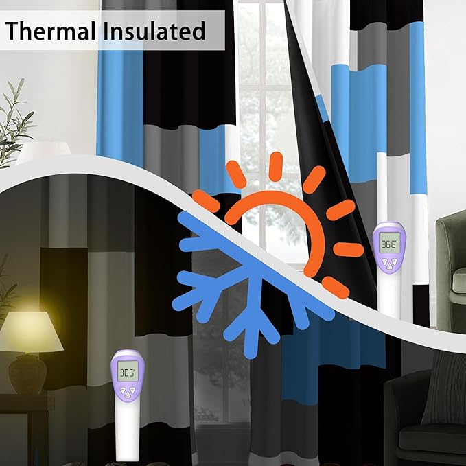 Light Blue 100% Blackout Curtains for Bedroom 84 inch Length 2 Panels Set Grey Modern Abstract Geometric Black Out Curtains Insulated Room Darkening Window Drapes for Living Room, 42Wx84L