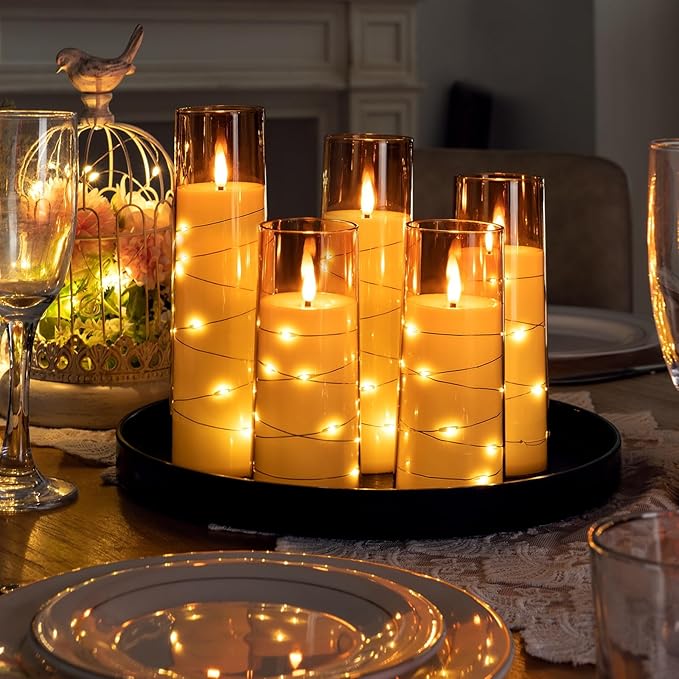 Raycare Flameless LED Candles with Embedded Star String, 5 Pcs Battery Operated Acrylic Pillar Candles with Timer and Remote, Flickering Candle for Romantic Ambiance and Home Decoration(Glod)