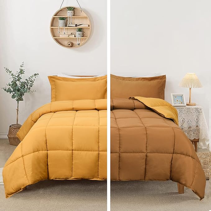 HIG 3-Piece Mustard Yellow Reversible Down Alternative Comforter Set Queen - Baffle Box Stitched Design - 4 Built-in Corner - Lightweight & Easy Fit - Premium Poly Filling - Fluffy, Warm, Soft