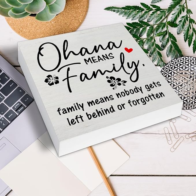 Family Signs for Home Decor, Farmhouse Ohana Means Family Wood Sign Home Living Room Hallway Bedroom Kitchen Desk Shelf Table Decoration 5 X 5 Inch