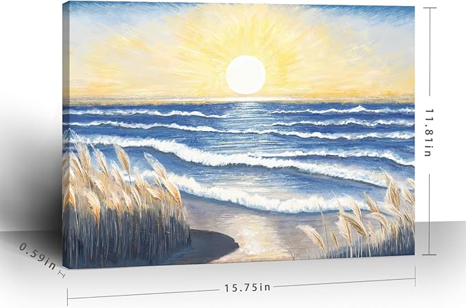Bathroom Decor Wall Art Beach Sunset Blue Ocean Waves Nature Pictures Coastal Reeds Canvas Print Seaside Landscape Seashore Botanical Painting Seascape Artwork for Home Sea Lake Bedroom 12x16inch