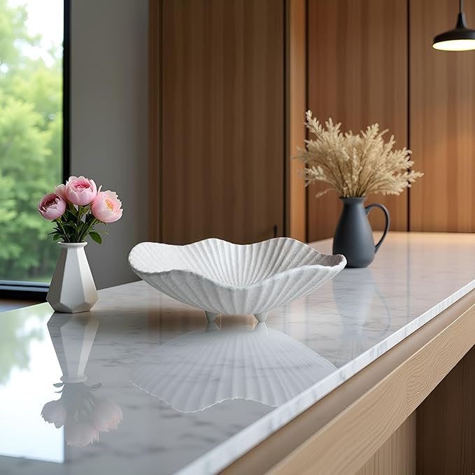 Large Decorative Bowl decor, Scalloped Pedestal Bowls,Modern Home Decor,Ruffle Decor,Stylish Key Bowl for Entry Table,Decorative Fruit Bowl for Kitchen Counter, Light Gray