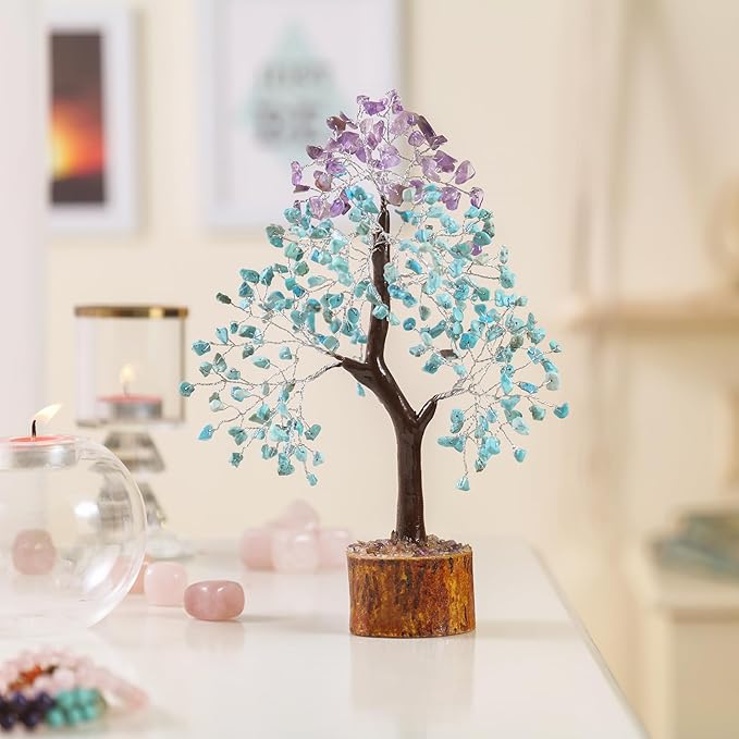 Amethyst & Turquoise Gemstone Tree with 2 Chakra Pendants, Crystal Tree, Fake Plants Home Decor, Birthday Gifts for Women, Office Desk Accessories, Crystals and Healing Stones, Room Decor