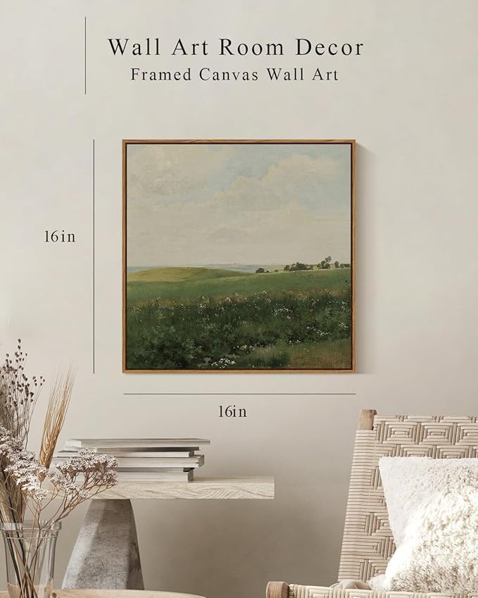 InSimSea Square Framed Canvas Wall Art, Farmhouse Decor Vintage Vast Grassland Paintings Prints, Desk Decor, Nature Scenery Wall Art for Living Room Bedroom, Bathroom Home Decor 16"x16"