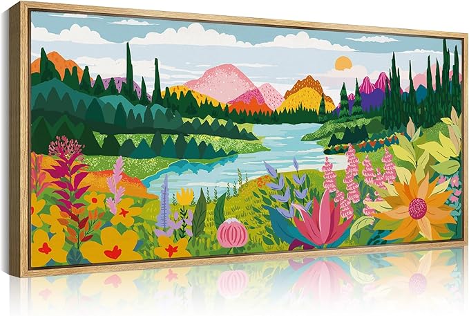 ANHUIB Large Colorful Wall Art 20x40 Inch Framed Abstract Floral Wall Decor Forest Woodland Painting Muticolor Mountain Range Illustration for Living Room Dining Room Bedroom