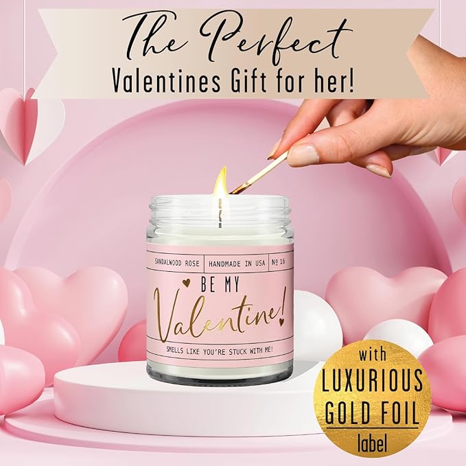 Valentines Day Gifts for Her, Valentine Candles, Valentines Gift for Girlfriend -"Will You Be My Valentine" Candle, w/Sandalwood & Red Roses I Valentines Gifts for Wife I 9oz, 50Hr Burn, USA Made