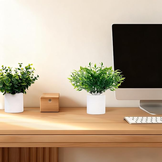 FGSAEOR Mini Potted Fake Plants, Small Artificial Greenery Realistic Plants Topiaries, Low Maintenance, for Home Office Shelf Desk Farmhouse Room Coffee Table Decor (3-Pack) (Green)