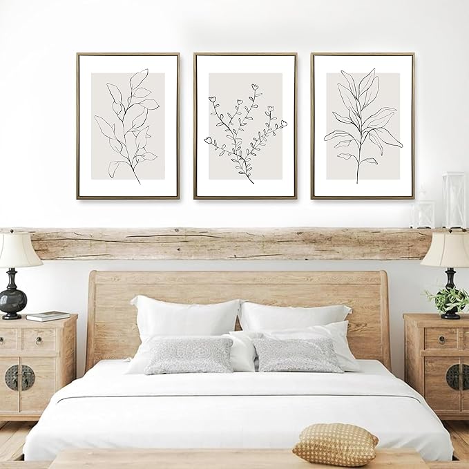 WRFON Neutral Botanical Canvas Wall Art, Minimalist Black Line Flower Poster Prints, Boho Beige Floral Wall Decor, Abstract Plant Leaf Aesthetic Picture for Bedroom Living Room Framed 16"x24"x3