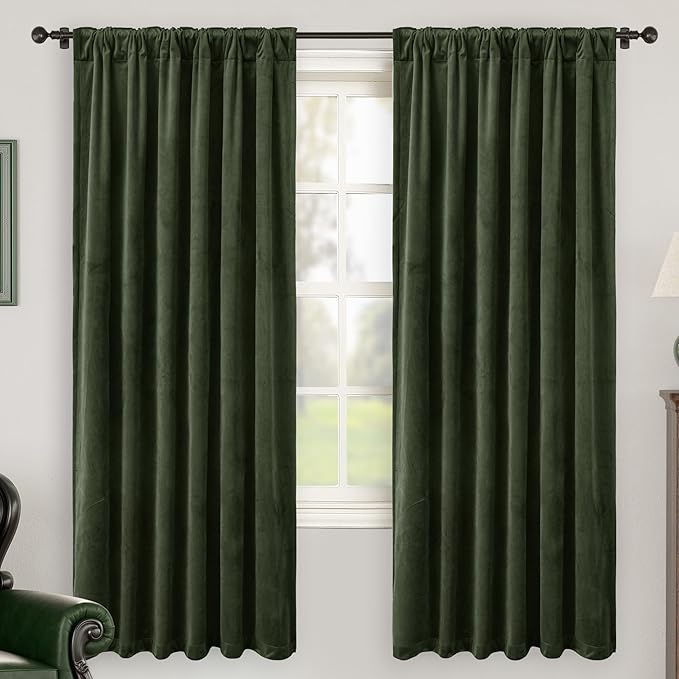 BGment Olive Green Velvet Blackout Curtains for Bedroom, 52 x 72 Inch Curtains Thermal Insulated Soundproof Room Darkening Elegant Drapes with Back Tab and Rod Pocket for Living Room, 2 Panels