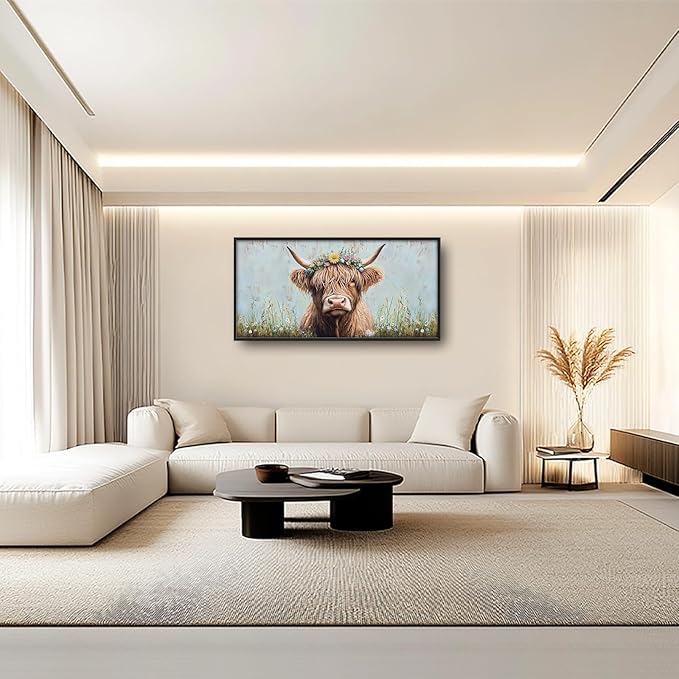 Highland Cow Framed Wall Art for Living Room, Large Cow Canvas Wall Decor, Animal Pictures Painting, Modern Artwork for Bathroom Bedroom Office 60L'' × 30W''