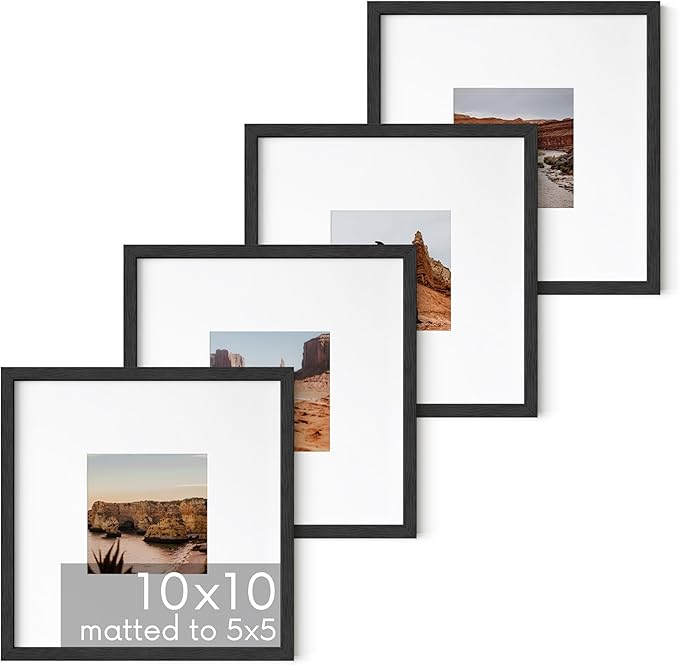 HAUS AND HUES Solid Oak Wood 10”x10”Picture Frames Matted to 5”x5” Set of 4 - Square Picture Frames 10x10, Black Frames for Gallery Wall, 10x10 Black Square Photo Frames (Black Frame)
