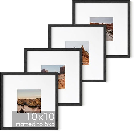 HAUS AND HUES Solid Oak Wood 10”x10”Picture Frames Matted to 5”x5” Set of 4 - Square Picture Frames 10x10, Black Frames for Gallery Wall, 10x10 Black Square Photo Frames (Black Frame)