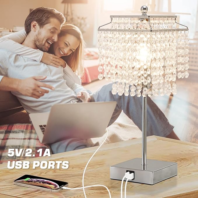 Luvkczc Crystal Table Lamp with Touch Control Set of 2, USB Bedside Table Lamp with USB C+A Ports, 3-Way Dimmable Lamp with Crystal Shade for Bedroom, Living Room, 6W LED Bulb Included