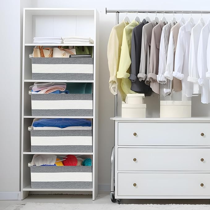 Linen Closet Organizers and Storage, Trapezoid Fabric Bins, Home Office Organization Baskets Striped Collapsible Box with Handles for Clothes, Blanket, Books, DVD, 4 Pack, Black/White