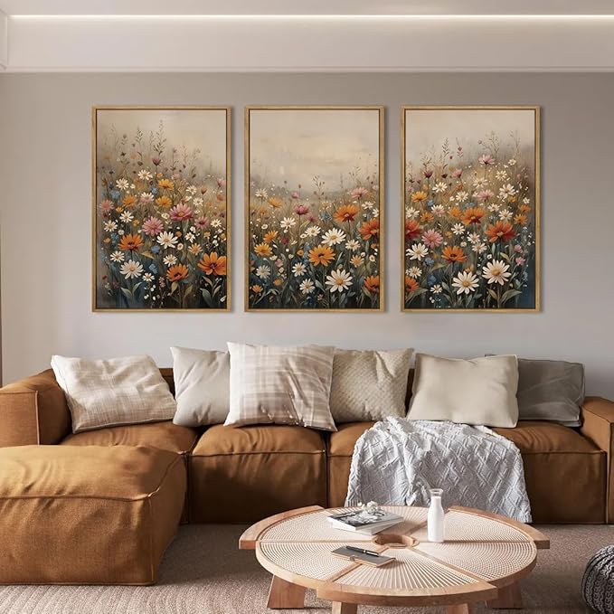 IARTTOP Large Vintage Wildflower Canvas Wall Art Framed 24x36x3 Misty Moody Botanical Art Prints Calming Nature Floral Landscape Wall Decor for Living Room Bedroom Office