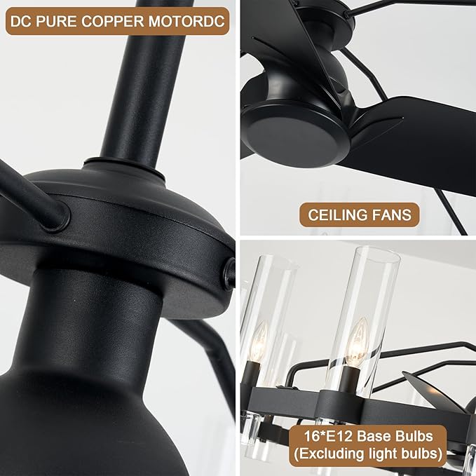 Black Ceiling Fans with 16 Lights Wagon Wheel Chandelier, 48 Inch Modern Farmhouse Fandelier, Quiet 6-Speed Reversible DC Motor, 1/2/4H Remote Timing for Living Room/Bedroom/Kitchen