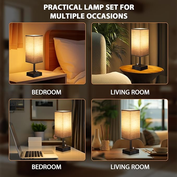 Black Fully Dimmable Nightstand Lamps Set of 2 - Table Bedside Lamp with USB C+A Charging Ports & 2 AC Outlets, Square Lamp Sets Linen Fabric Shade for Bedroom Living Room(Bulb Included)