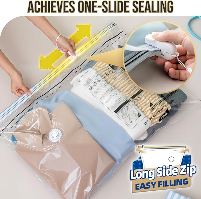 TAILI 8 Pack Vacuum Storage Bags, LONG SIDE ZIP (4 Large+4 Jumbo), Multi-Size Vacuum Seal Bags for Clothing, Storage Bulky Beddings, Blankets and Clothes, Space Saver for Closet Organization