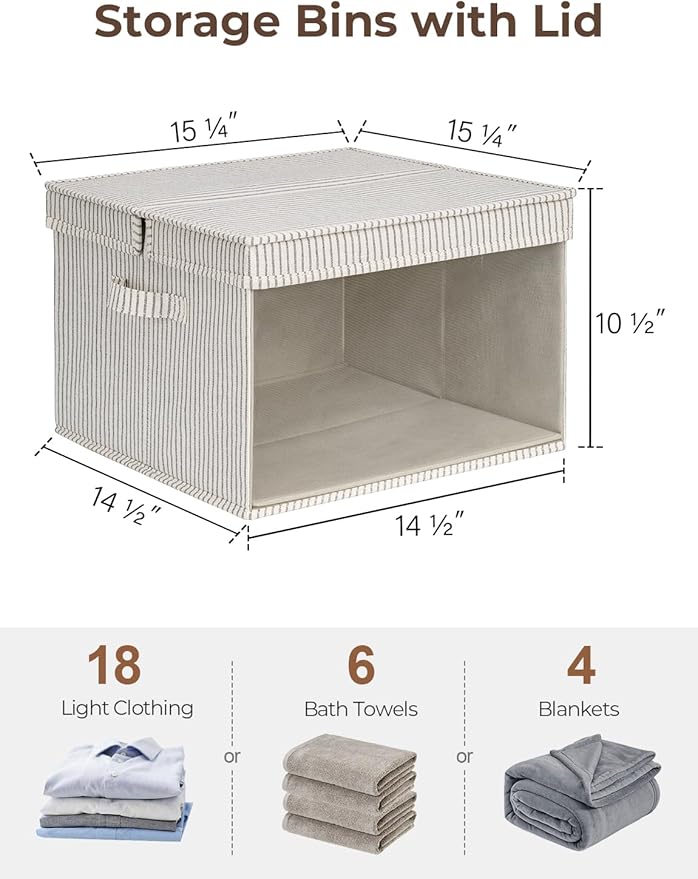 StorageWorks Storage Bins with Lid and Clear Window, Fabric Storage Boxes with Lids, Stackable Basket for Shelves, Closet Organizer and Storage Bins, Gray and White Stripes, Jumbo, 4-Pack