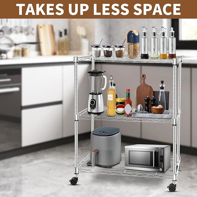 Whitmor 3 Tier Storage Shelving, Heavy Duty with Wheels, Adjustable Steel Organizer, 400 lbs Capacity per Shelf, Max 1200 lbs Total for Garage, Kitchen, Bathroom, 24" L x 14" W x 20" H, Chrome